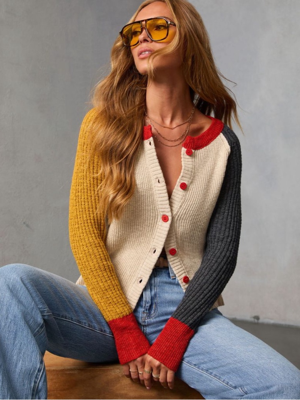 Fate Colorblock Cardigan in Cream, Mustard, Charcoal & Red